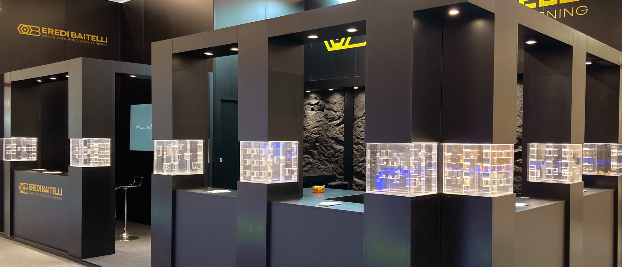 Side view of the Eredi Baitelli stand set up for an international trade fair.