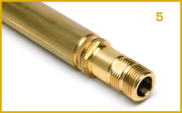 Fifth stage. Precision machining: surface knurling and complete through-hole drilling on a brass turned mechanical component.